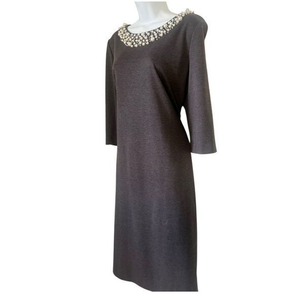 Leslie Fay Pearl Embellished Gray Winter Sheath Dress Size 16 - Picture 4 of 10
